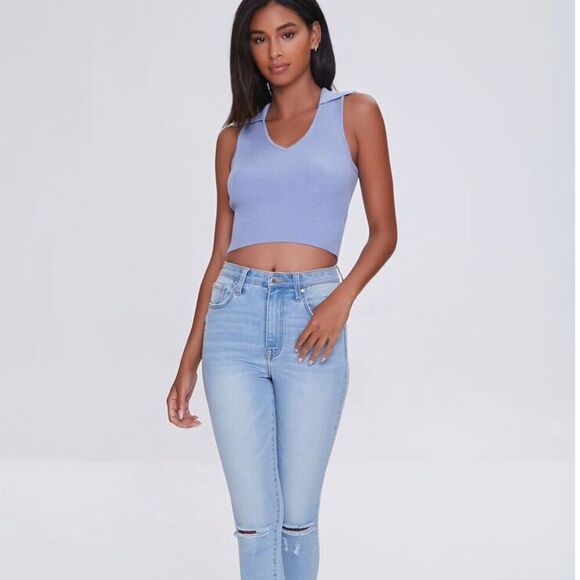 Small forever 21 new purple hue Ribbed knit Crop Top with collar - Picture 1 of 5